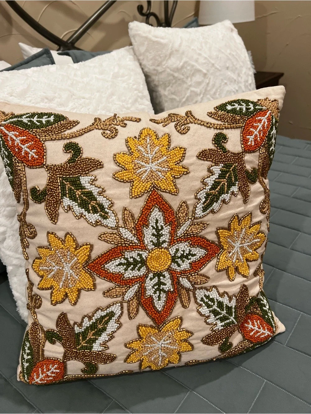 Autumn Pumpkin Embroidered Decorative Throw Pillow - White & Multicolor- bundle